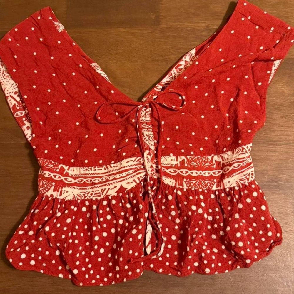 Free People Red Polka Dot Tie‎ Front Peplum Top Size Small Boho